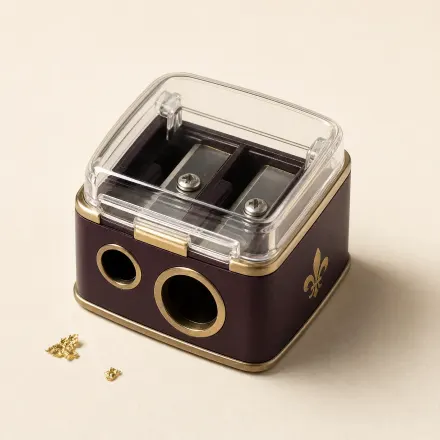 A small dual-hole cosmetic pencil sharpener.