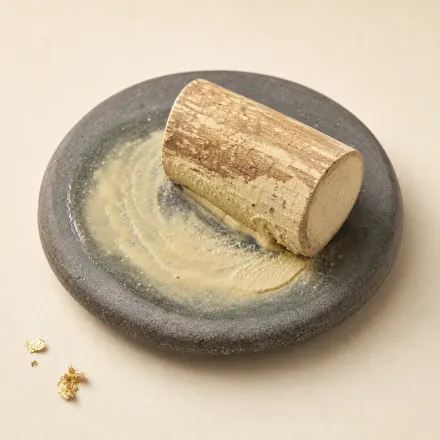 A short log of thanaka wood on a grinding stone with pale yellow paste.