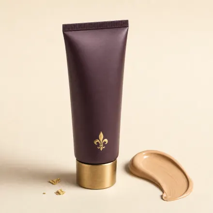 A squeeze tube of tinted moisturiser beside a swirl of beige cream.