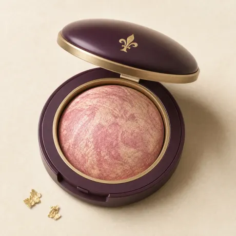 An open compact of domed, marbled rose baked blush.