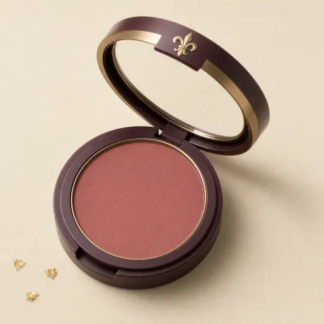 Illustration: An open round compact of dusty rose pressed blush.