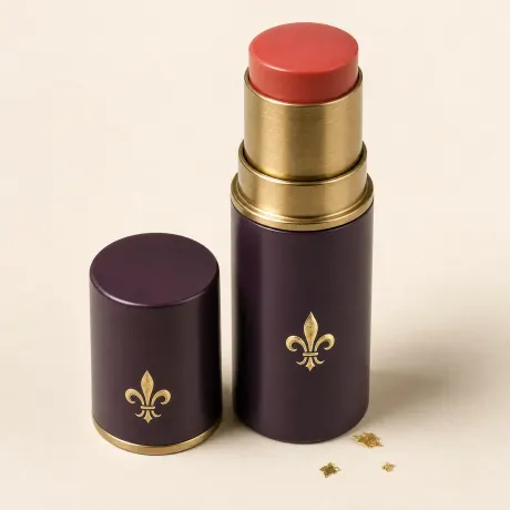 Illustration: An uncapped chunky stick of coral-rose cream blush.