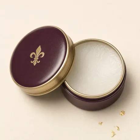 A small open tin of translucent brow soap.