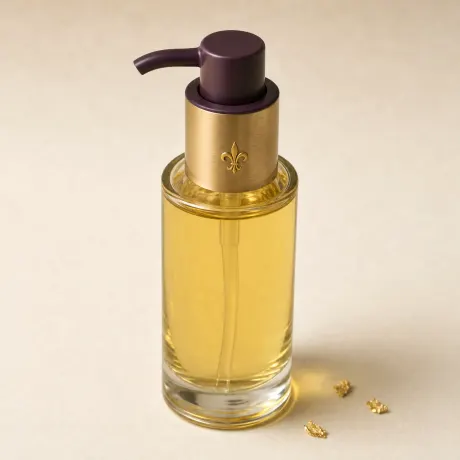 Illustration: A tall glass pump bottle of golden cleansing oil.