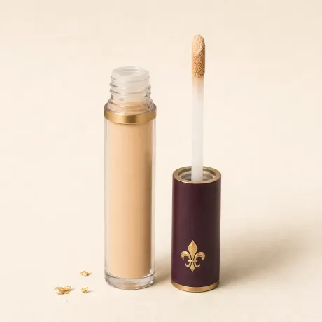 Illustration: A clear tube of beige liquid concealer with its doe-foot wand beside it.