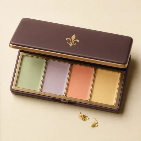 An open palette of green, lavender, peach and yellow colour correctors.
