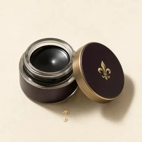 Illustration: A small open glass pot of glossy black gel eyeliner.