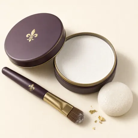 A shallow tin of white cake face paint with a brush and a sponge.
