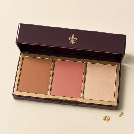 Illustration: An open palette of bronzer, rose blush and champagne highlighter.