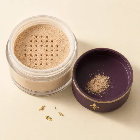 A small open sifter jar of loose beige mineral foundation.