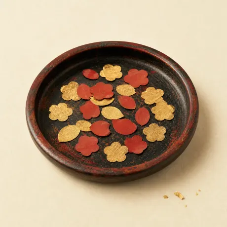 A lacquered dish of tiny gold-foil and red-paper forehead ornaments.