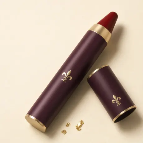 Illustration: An uncapped chubby lip crayon with a velvety deep red tip.