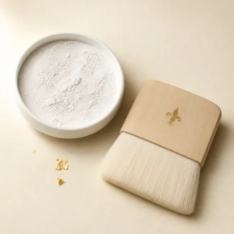 A porcelain dish of white oshiroi paste beside a broad flat brush.