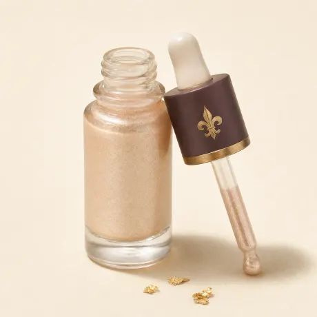 Illustration: A dropper bottle of pearly primer with its pipette laid beside it.