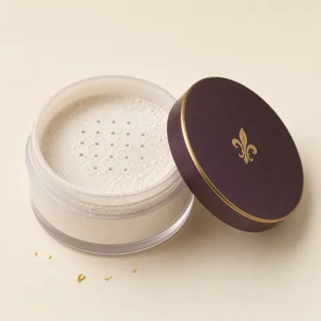Illustration: An open jar of loose translucent setting powder with a sifter.
