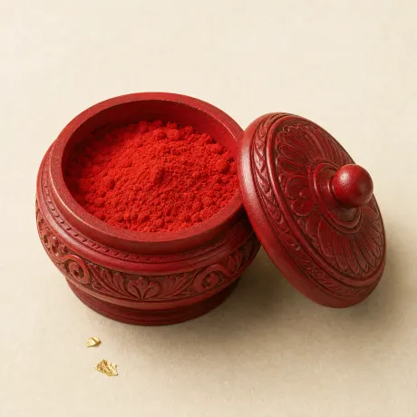 An open carved red box filled with vermilion sindoor powder.