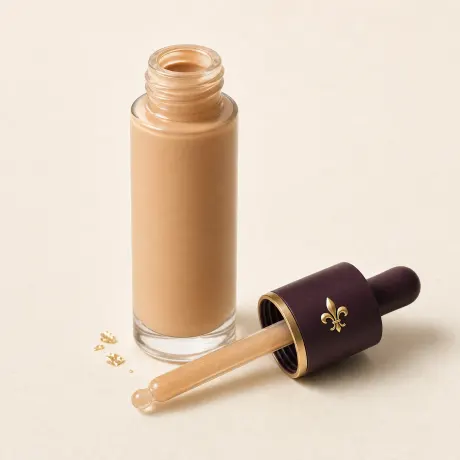 Illustration: A slim dropper bottle of beige skin tint with its dropper beside it.