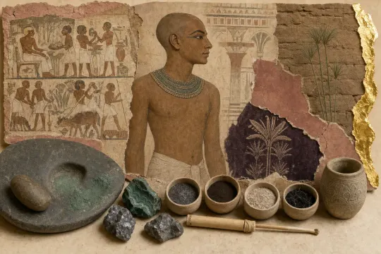 A shaven-headed Egyptian man in a pleated linen kilt and beaded collar, seen in profile, his eyes ringed and drawn out in heavy grey-black, beside a stone palette stained green with malachite and lumps of grey lead ore.