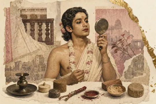 A South Asian woman in draped cotton and heavy gold earrings, her eyes thickly lined in lamp-black, a yellow-and-orange mineral mark on her forehead and her lips stained red with lac resin, beside dried henna leaves.
