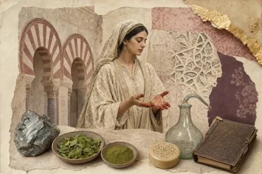 A woman of eleventh-century Muslim Spain in patterned silk holds her henna-stained palms open, her eye margins darkened, before red-and-white horseshoe arches, a glass distilling flask and a moulded cake of scent below.