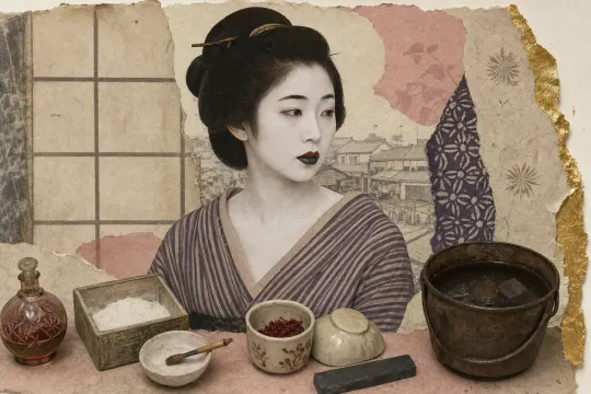 An Edo townswoman in a striped indigo kimono, her teeth blackened and her lower lip built up until it glints green-black, the white powder stopping in a clean edge at her nape, two small glazed colour cups below.