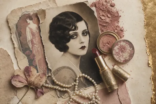 A 1920s collage: a woman with a dark finger-waved bob and deep plum lipstick, beside a torn magazine cover, a gold lipstick tube and a scatter of pressed rouge.