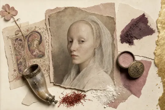 A medieval collage: a woman with a high plucked forehead, pale skin and veiled hair, beside an illuminated manuscript leaf, a small horn vessel and dried saffron threads.