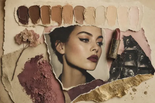 A modern collage: a woman with luminous skin, graphic liner and a bold matte lip, beside a row of foundation shades running deep to fair, a worn lipstick bullet and a torn contact sheet.