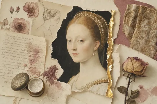 A Renaissance collage: a woman with a high bare forehead, luminous pale skin and reddish-gold hair, beside a handwritten recipe page, a jar of white pigment and a fragment of gold brocade.