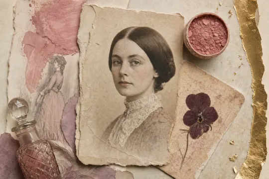 A Victorian collage: a woman with centre-parted hair, pale clear skin and no visible paint, beside a printed chemist label, a cut-glass bottle and a papered cake of rouge.