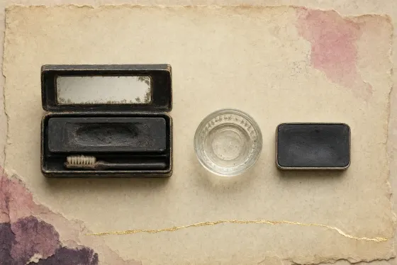 A cake mascara kit of the early twentieth century: a small black box lying open with a hard black cake worn hollow in the middle, a tiny stiff brush beside it and a mirror in the lid, next to a small glass dish of water and a second black cake in a thin metal tray.