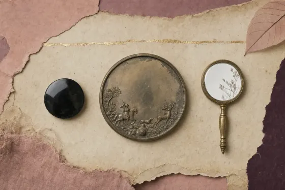 Three mirrors of different technologies set out in a row: a small convex disc of polished obsidian, a black volcanic glass, giving back only a dark shape; a larger cast bronze disc whose back is worked in low relief with a hunting scene and whose face is a dull silver-grey; and a small nineteenth-century hand mirror of silvered glass in a thin stamped brass frame, its reflection bright and sharp.