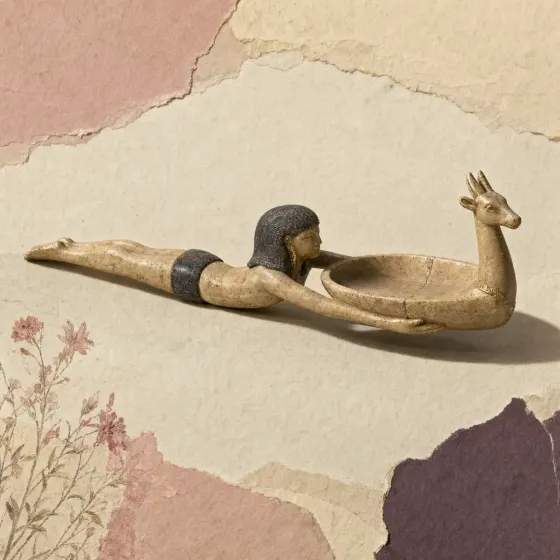 A carved Egyptian spoon in pale stone: a figure swimming at full stretch, legs straight out behind, a dark stone band at the hips and a dark wig, arms reaching forward to hold a shallow round dish that ends in the raised head and horns of a gazelle, a hairline crack across the dish.