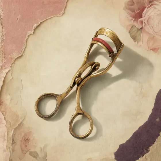 A 1920s eyelash curler in worn gold-plated metal, two scissor-like finger loops leading up to a curved, engraved clamp that closes against a strip of red rubber.