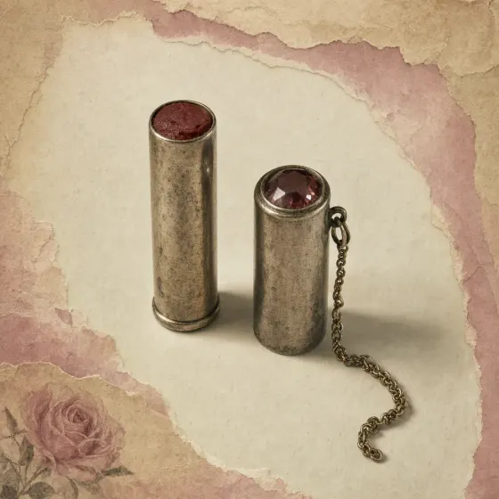 A slim metal lipstick case about two inches long with its slip cap pulled off and standing beside it, the cap topped by a single faceted imitation jewel and a small ring with a fine chain running from it. A blunt stub of dark red lip pomade sits level with the open mouth of the cylinder, and the case carries no turning head or screw.