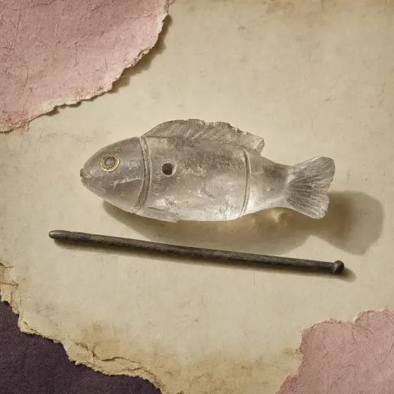 A small fish carved from clear rock crystal, with a fin along its back, two grooves dividing head, body and tail, a small gold-ringed eye and a round hole drilled into its side, lying beside a slender dark metal rod.