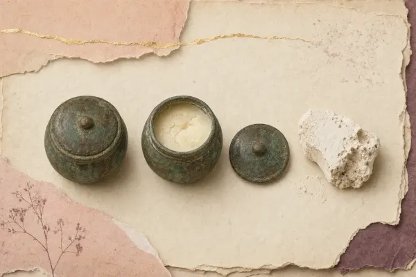 A squat bronze jar with a tight-fitting lid set beside its own lifted lid and a shallow dish of pale yellowish-white cream, with a broken piece of soft chalky white cave deposit beside them.