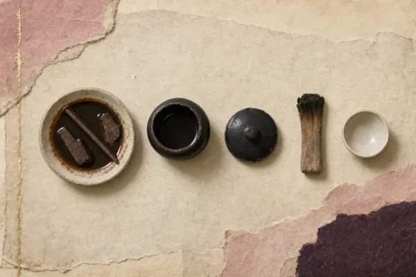 A small iron nail and scraps of iron in a shallow dish of dark liquid, beside a plain lidded lacquer pot, a stiff applicator brush and a small shallow drinking cup.