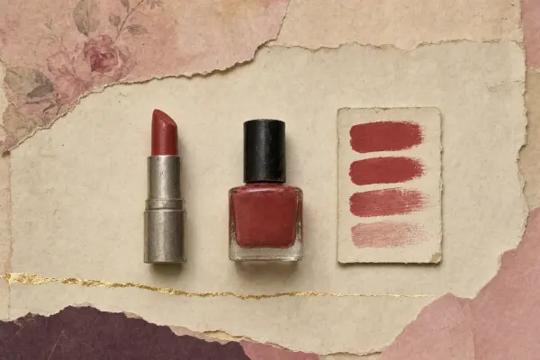 A lipstick bullet, a small bottle of nail lacquer and a card of four brushed colour swatches, all in the same warm brick red, laid in a row on parchment.