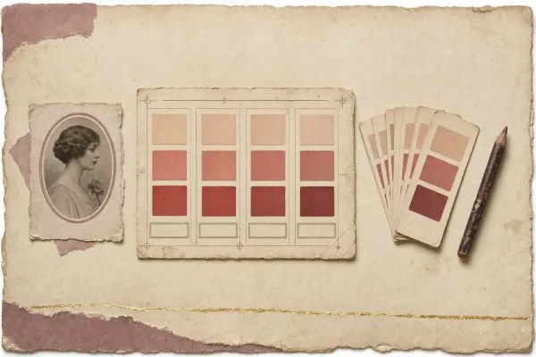 A printed counter chart of the later 1920s divided into four complexion columns, each headed with a category name and carrying a vertical strip of powder, rouge and lip swatches, with a stack of loose shade cards beside it.