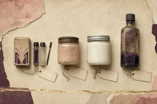 Dangerous cosmetics of the early 1930s laid out on a museum tray as exhibits: a boxed eyelash dye with two small vials and a brush, a jar of depilatory cream, a jar of skin-bleaching cream and a bottle of hair dye, each with a small blank tag tied on with string.