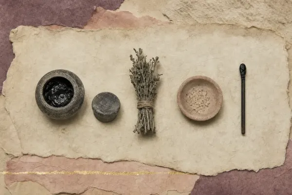 A small dark stone jar of black eye salve with its stopper beside it, a bundle of dried stems, a shallow offering dish and a slim applicator rod laid out in a row.
