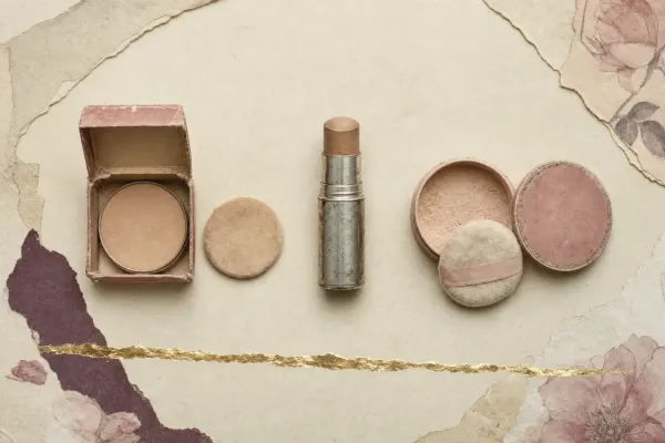 Late-1940s foundations laid out in a row: a cardboard refill of cake makeup with a flat sponge, a twist-up stick foundation in a metal case with the cream base raised, and a small open box of matching face powder with a puff.