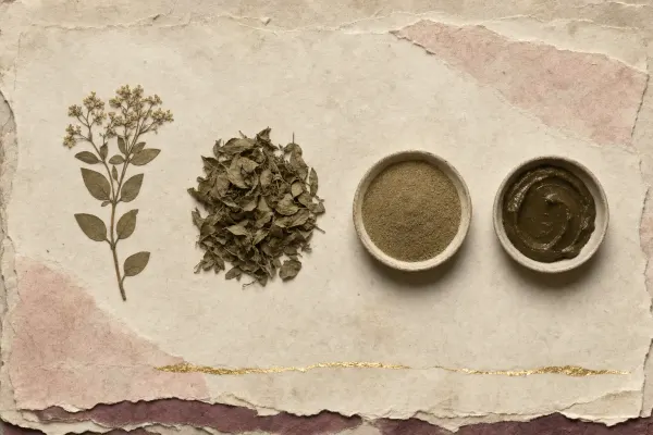A pressed sprig of henna with leaves and small flowers, a heap of dried whole leaves, a dish of fine green powder and a dish of the same powder mixed into a dark paste, laid out in a row.
