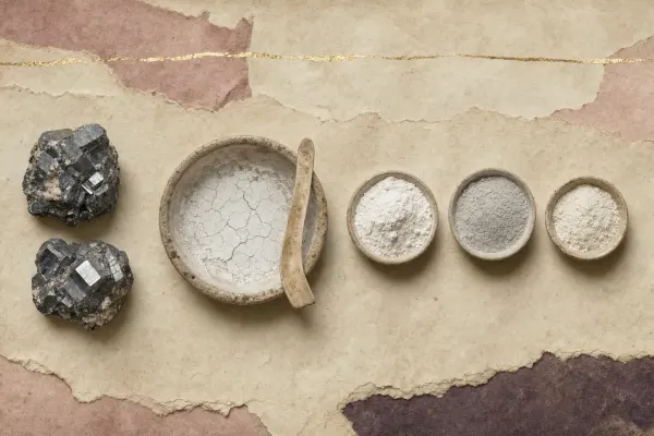 Two lead ores beside three shallow dishes of manufactured white and grey powders, with a shallow evaporation basin holding a drying crust — the raw mineral and the synthesised compounds shown apart.