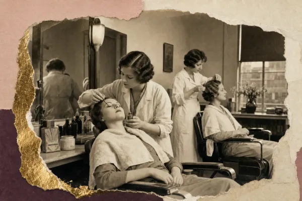 A 1930s beauty shop: a woman reclines in a salon chair with her eyes closed while an operator in a white overall paints her lashes with a tiny brush from a small glass vial; another operator waves a customer’s hair at the next chair, and dark glass bottles and a boxed dye kit stand on the counter.
