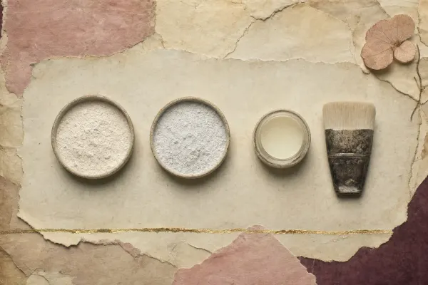Two shallow dishes of white powder of slightly different tone set beside a small pot of pale solid oil and a wide flat brush, on parchment.