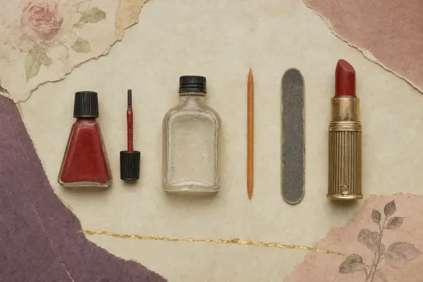 A 1930s manicure laid out in a row: a triangular glass bottle of red cream nail enamel with its black cap and brush, a bottle of polish remover, an orange stick, an emery board and a gilt lipstick in the matching red.