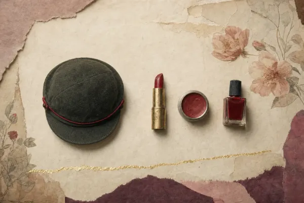 A Women Marine’s makeup laid beside her cap: a forest-green visored service cap with a red cord, a red lipstick, a small pot of red cream rouge and a bottle of matching red nail polish.