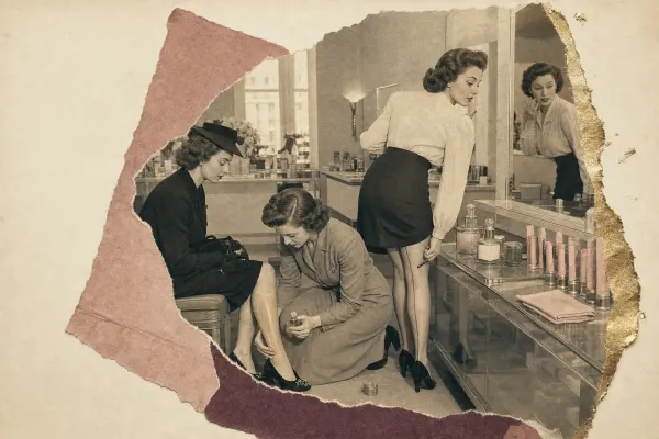 A 1940s department-store counter: a demonstrator smooths tan leg makeup onto a seated customer’s bare calf while a second woman draws a seam line up the back of her own leg with a dark pencil; bottles and sticks of leg makeup stand on the counter.